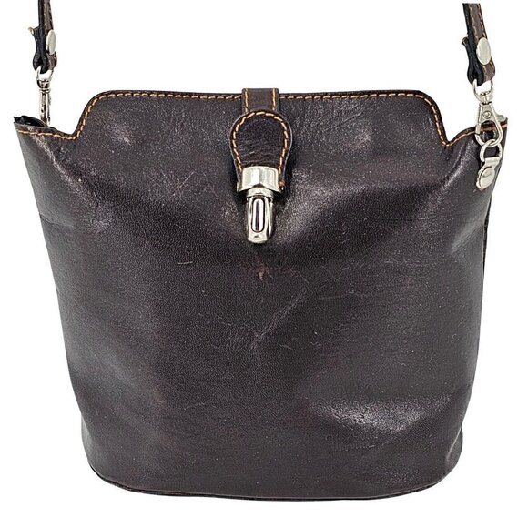 Vintage Vera Pelle Made in Italy Smooth Brown Leather Small Bucket Bag Crossbody - Picture 2 of 15